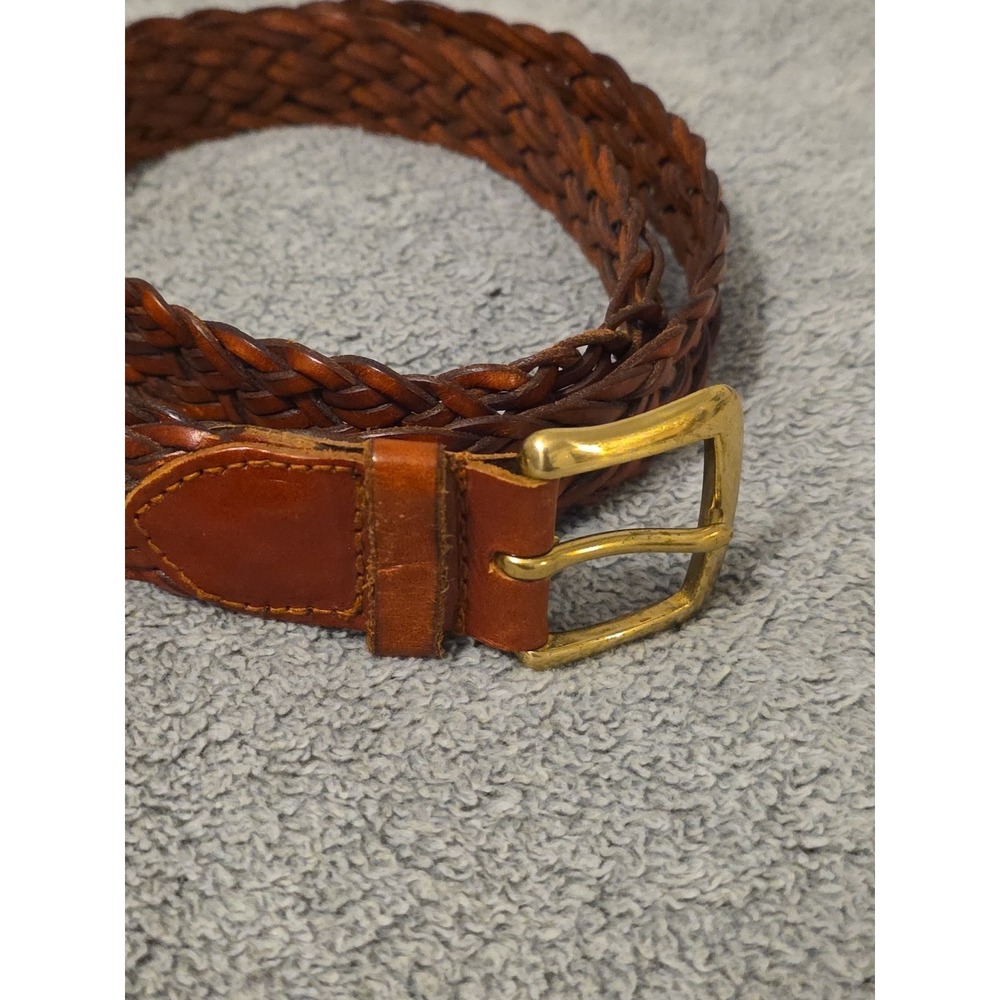 Talbots Womens Belt Lg Genuine Brown Leather Braided Solid Brass Buckle - Picture 2 of 6